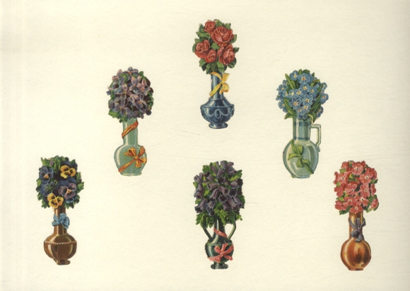 6 wafer flower vases with roses, primroses, violets, each approx. 8 x 4 cm