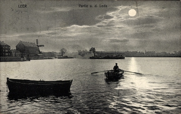 Postcard Leer in East Frisia, beautiful water landscape, boat, moon, building