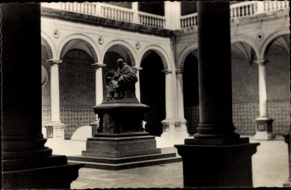 Postcard Valencia City Spain, statue of Becto Juan de Ribera, courtyard, columns, Valencia