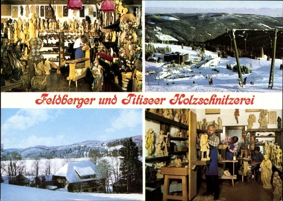 Postcard Titisee Neustadt im Breisgau Hochschwarzwald, Feldberger and Titiseer wood carving, winter