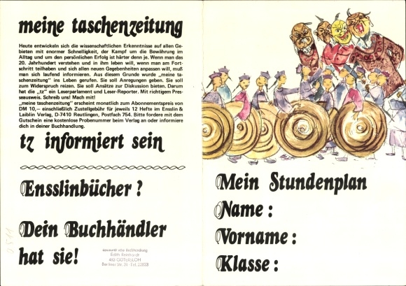 Timetable Ensslin Verlag, books new in spring 1973, &quot;tz&quot; pocket newspaper