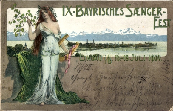 Kunstenaar postwaardestuk litho Diemer, Zeno, Lindau Bodensee, IX. Beierse Zangersfestival 1904