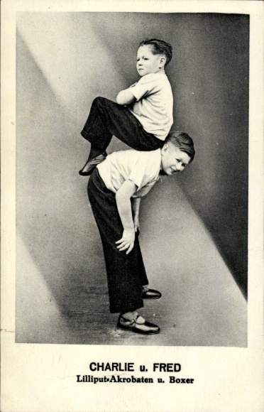 Postcard Charlie and Fred, Lilliputian acrobats and boxers
