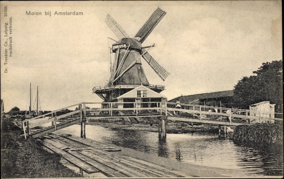 Ak Amsterdam Noord-Holland Nederland, Molen, Windmolen, Brug