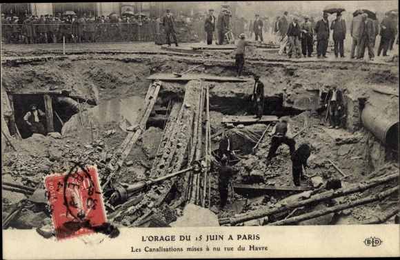 Postcard Paris, L&#39;Orage du 15 Juin, Éboulement, Canalisations mises à nu rue du Havre