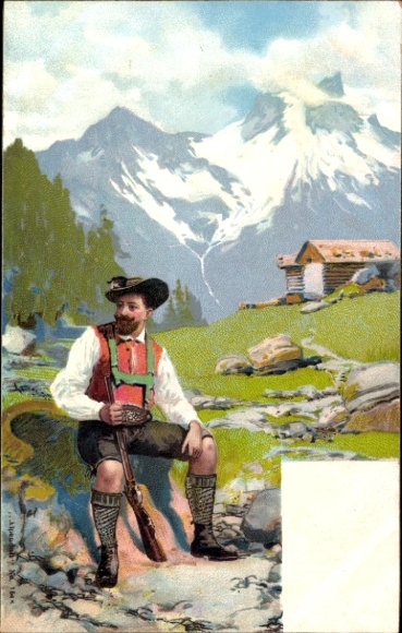 Litografia mężczyzny w bawarskim stroju, portret, góry