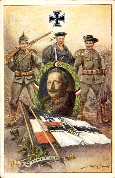 Künstler Ak Stöwer, Willy, Durch Kampf zum Sieg, Kolonialkriegerdank, Fahnen, Seemann, Soldaten