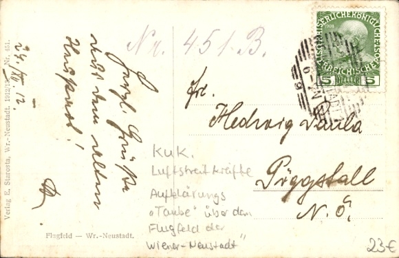 Postcard Austrian military aircraft, reconnaissance aircraft Taube over Wiener Neustadt airfield