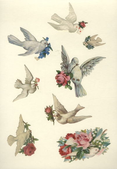 8 wafers white doves with roses and letters, approx. 9.5 x 9 cm to 3 x 4.5 cm