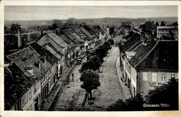 Ak Greußen in Thüringen, Straßenpartie, Drogerie Carl Winke...