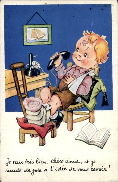 Artysta KP Gougeon, Chłopiec z uszkodzoną nogą, telefon, obraz, książka