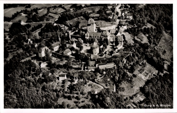 Postcard Burg an der Wupper Solingen in the Bergisches Land, aerial photography, city panorama, castle
