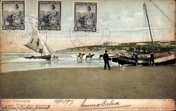 Postcard Mar del Plata Argentina, beach view, boats, sailboat, people in the water, dog, post stamp