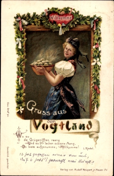 Embossed Passepartout Postcard Traditional Costume from the Vogtland, Willkumme, Woman with Dumplings