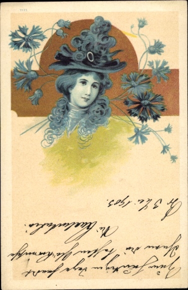 Art Nouveau Chromo-Litho portrait of a Woman, Hat, Cornflowers