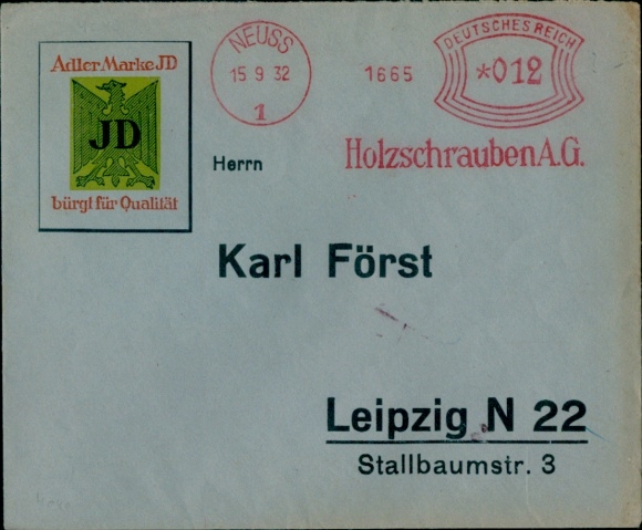 Envelope Adler brand JD, Holzschrauben AG Neuss