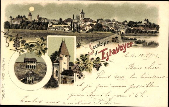 lito Estavayer le Lac Kt. Fribourg Szwajcaria, widok ogólny, kościół, mur miejski z bramą