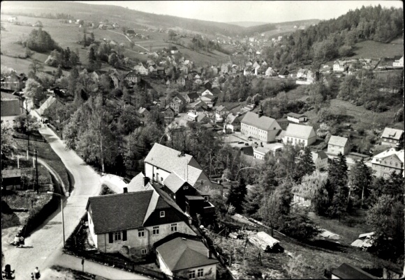Postcard Pobershau Marienberg in the Ore Mountains, beautiful landscape, view of houses, Ore Mountains, black and white