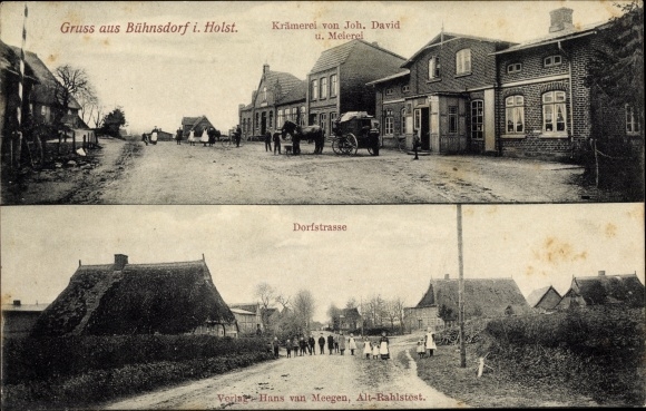 Postcard Bühnsdorf in Holstein, Kramerei v. Joh. David, Meierei, Dorfstrasse