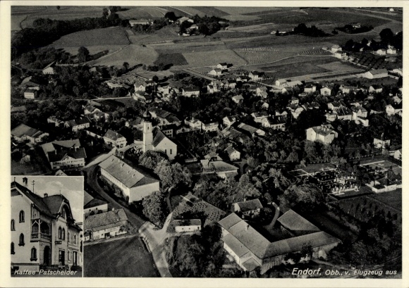 Postcard Bad Endorf in Chiemgau Upper Bavaria, aerial photography, Kaffee Patschelder