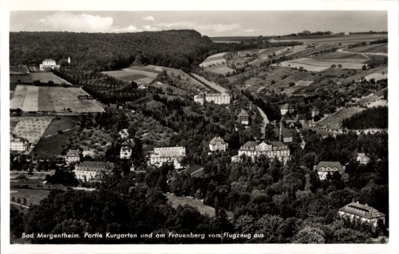 Postcard Bad Mergentheim in Tauberfranken, aerial photograph of the spa gardens, Frauenberg, landscape