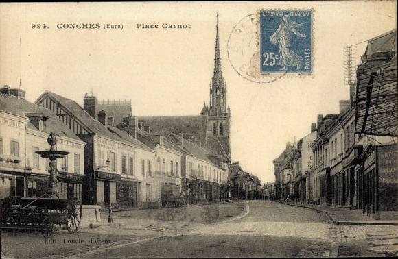 Postcard Conches Eure, Place Carnot, Church, Fountain