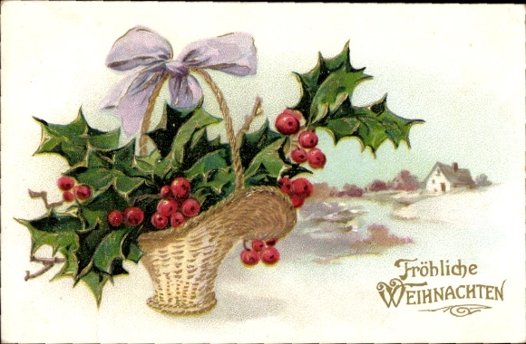 Reliëf ansichtkaart Vrolijk Kerstfeest, Hulst
