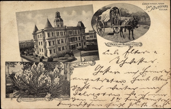 litho San Antonio Texas USA, Mexicaanse Burro-kar, stadhuis, Spaanse dolk