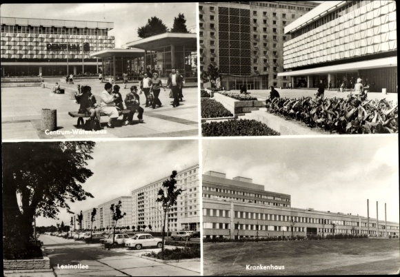 Postcard Schwedt an der Oder, Centrum department store, Leninallee, hospital