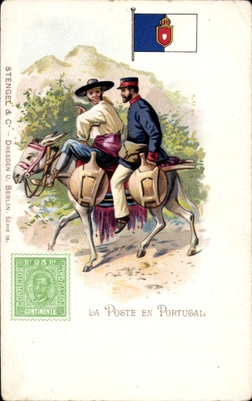 Postage stamps Chromo-Litho The post office in Portugal, postman, mule
