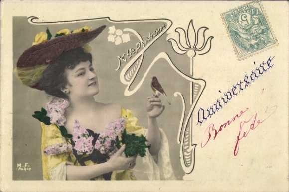 Postcard Mademoiselle Printemps, Lady with Bird on her Hand