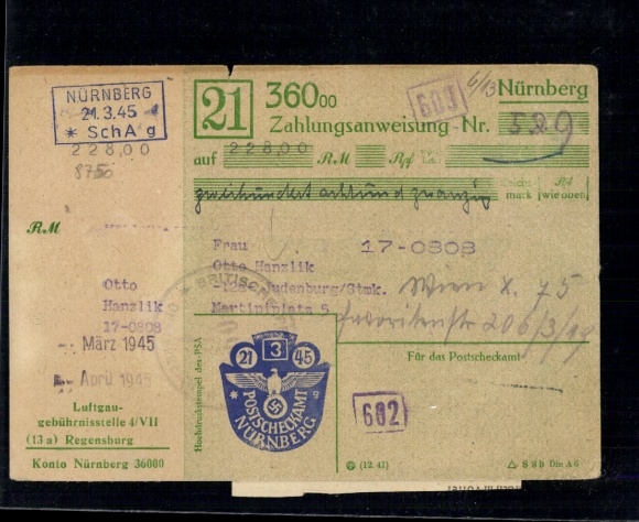 Money order, embossed stamp "21.3.45 Nuremberg" with certificate of origin