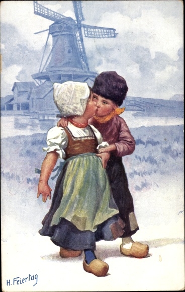 Artist PC Holiday, Karl, Dutch folk costumes, windmill, children kissing