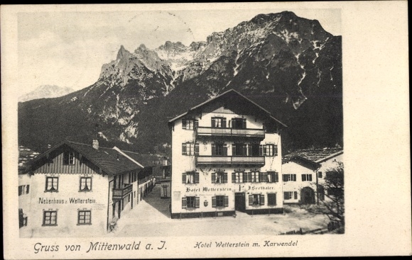 Ak Mittenwald in Oberbayern, Hotel Wetterstein mit Karwendel