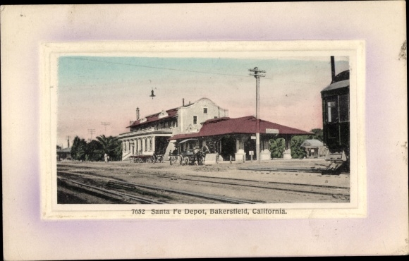 Embossed Passepartout PC Bakersfield California USA, Santa Fe Depot, Train Station, Track Side