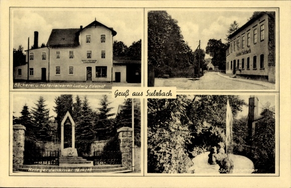 Postcard Sulzbach Apolda in Weimarer Land, bakery Ludwig Edelhof, war memorial 1914-16, fountain