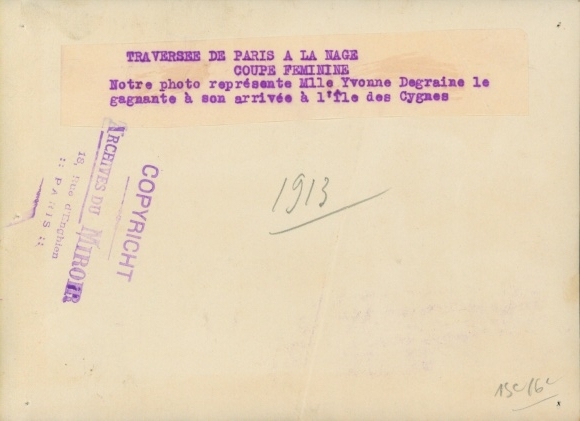 Photo Paris, Traversee de Paris a la Nage, Coupe Feminine, Yvonne Degraine, 1913