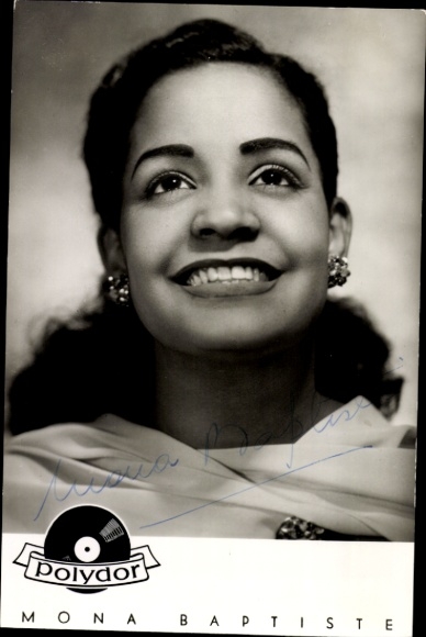Postcard singer and actress Mona Baptiste, portrait, Polydor records, autograph