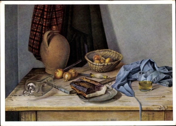 Artist Postcard Knaus, Robert, still life, table, ham, onions, jug, HDK 12