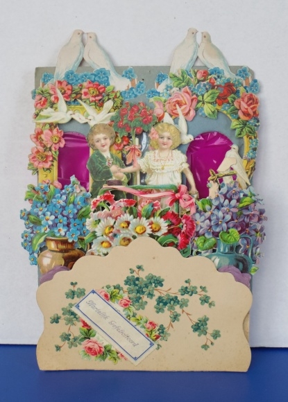 Achtergrond kaart 3D wafel knipsel, gefeliciteerd, jongen en meisje, duiven, bloemen, viooltjes