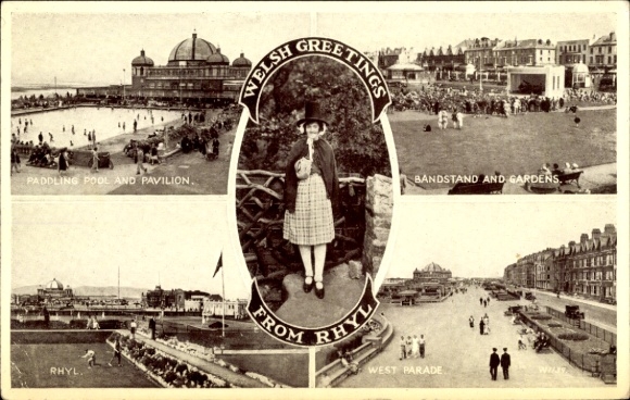 Postcard Rhyl Wales, Swimming Pool, Pavilion, Bandstand, Gardens, West Parade