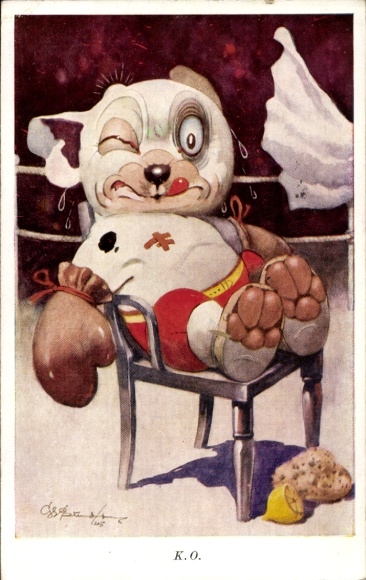 Künstler Ak Studdy, K.O., Bonzo the Dog, Boxkampf