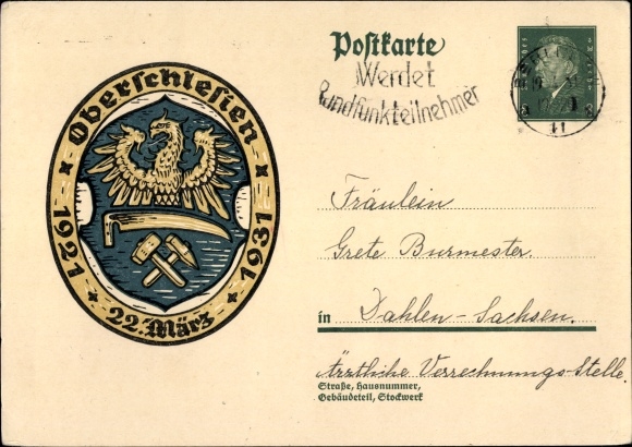 Postal stationery PC Upper Silesia, March 22, 1921 to 1931, coat of arms, 8 pfennigs
