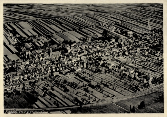 Postcard Kandel in the Palatinate Bienwald, aerial view of numerous fields and houses visible