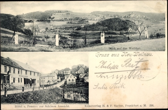 Postcard Neuweilnau Weilrod im Weiltal Taunus, hotel and pension for the beautiful view, view of the Weiltal