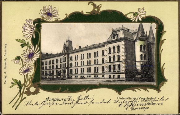 Embossed Passepartout Postcard Annaburg in Saxony Anhalt, Non-Commissioned Officer Preschool