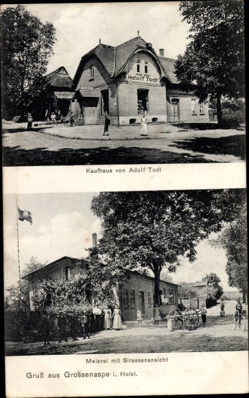 Postcard Grossenaspe in Holstein, dairy, department store