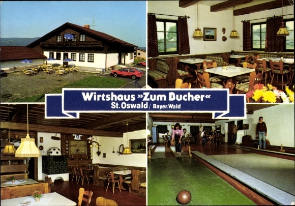 Ak Sankt Oswald in Neder-Beieren, Wirtshaus Zum Bucher, buitenaanzicht, bowlingbaan, eetkamer