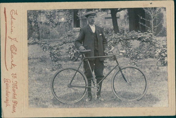 Cabinet photo man with a bicycle, oil lamp Silver King, Joseph Lucas Ltd. 1910