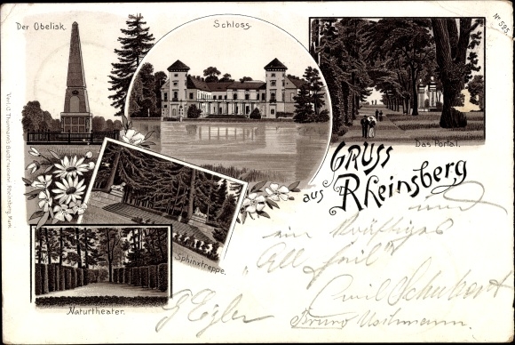 Litho Rheinsberg in Brandenburg, obelisk, kasteel, natuurtheater, sfinxtrap